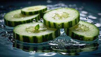 Fresh cucumber slices floating in water, showcasing their texture and freshness. photo