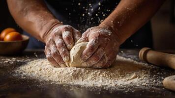 Hands kneading dough on a flour-dusted surface, preparing for baking. photo