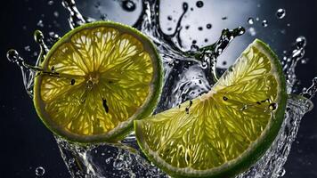 Slices of lime splashing in water, showcasing freshness and vibrancy. photo