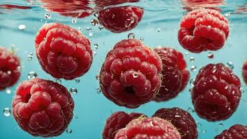 Fresh raspberries submerged in water with bubbles, showcasing their vibrant color and texture. photo