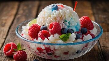 A colorful bowl of shaved ice topped with fresh berries and mint, perfect for a refreshing treat. photo