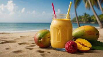 A refreshing mango smoothie on a sandy beach with tropical fruits and palm trees in the background. photo