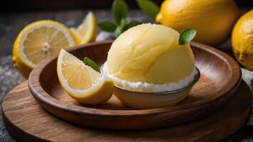 A refreshing lemon sorbet served in a bowl, garnished with a lemon slice and mint. photo