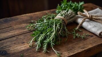A bundle of fresh herbs on a wooden table, with a cloth napkin beside it. photo