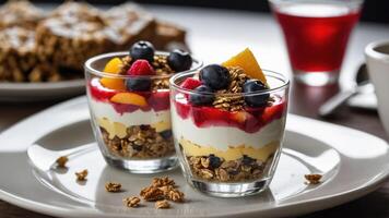 Two cups of layered yogurt with fruit and granola, served alongside a drink and snacks. photo