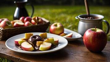 A plate of apple slices drizzled with chocolate, surrounded by apples and a pot of chocolate. photo