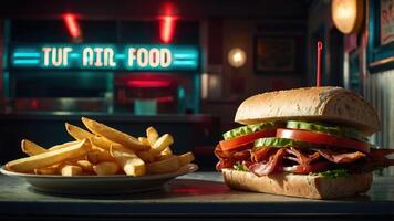 A delicious sandwich with bacon, lettuce, tomato, and pickles served with a side of fries. photo