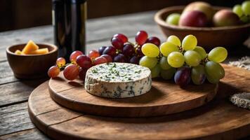 A rustic wooden board with cheese, grapes, and apples, perfect for a charcuterie display. photo