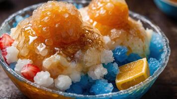 A colorful bowl of shaved ice topped with syrup, fruit, and a slice of lemon. photo