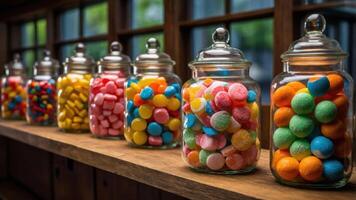 A colorful display of assorted candies in glass jars on a wooden shelf. photo
