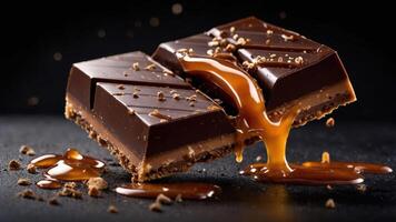 A close-up of a chocolate bar with flowing caramel, highlighting indulgence and sweetness. photo