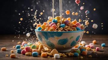 A colorful bowl of cereal with milk splashing, creating a dynamic and playful scene. photo