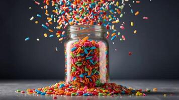 Colorful sprinkles spilling from a jar, creating a vibrant display on a dark background. photo