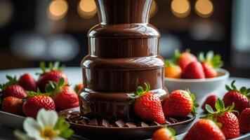 A chocolate fountain surrounded by fresh strawberries for dessert enjoyment. photo