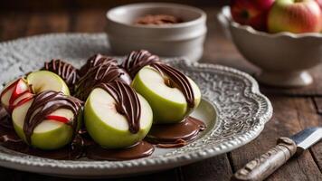 Sliced green apples drizzled with chocolate on a decorative plate, with whole apples in the background. photo