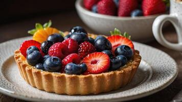 A delicious fruit tart topped with assorted berries and citrus slices on a textured plate. photo