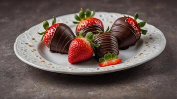 A plate of chocolate-covered strawberries, perfect for dessert or special occasions. photo