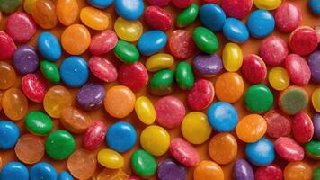 A colorful assortment of candies scattered on a surface, inviting for consumption. photo