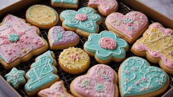A colorful assortment of decorated cookies arranged in a tray. photo