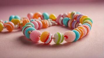 A colorful assortment of candy beads arranged on a pink background. photo