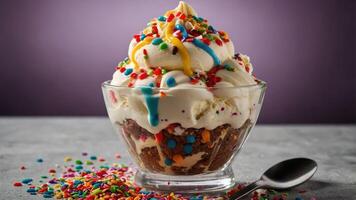 A delicious ice cream sundae topped with whipped cream, sprinkles, and colorful syrup. photo