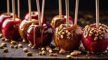 A tempting display of caramel and chocolate-covered apples on wooden sticks. photo
