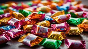 A colorful assortment of wrapped candies scattered on a surface. photo