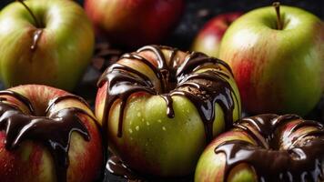 A close-up of green and red apples drizzled with chocolate, showcasing a tempting dessert. photo