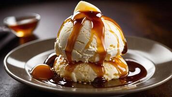 A delicious dessert featuring two scoops of ice cream drizzled with caramel sauce. photo