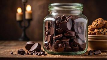 A glass jar filled with chocolate pieces beside cookies and candles, evoking a cozy atmosphere. photo