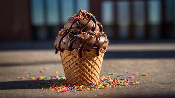 A delicious chocolate ice cream cone topped with sprinkles, placed on a surface. photo