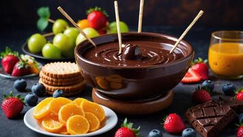A chocolate fondue setup with fruits, snacks, and drinks for a delightful sharing experience. photo