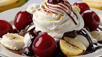 A delicious dessert featuring ice cream, bananas, cherries, whipped cream, and chocolate sauce. photo