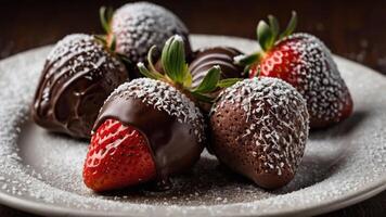 A plate of chocolate-covered strawberries dusted with powdered sugar. photo