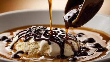 A bowl of ice cream topped with chocolate sauce and sprinkles in a rich coffee sauce. photo