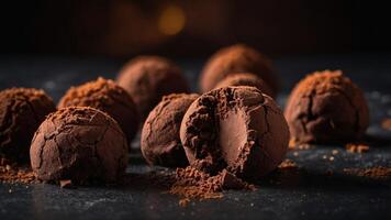 A close-up of chocolate truffles dusted with cocoa powder, showcasing a rich dessert. photo