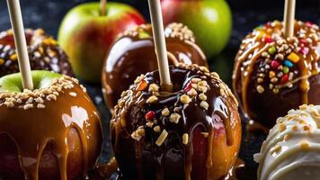 A tempting display of caramel and chocolate-coated apples with toppings. photo