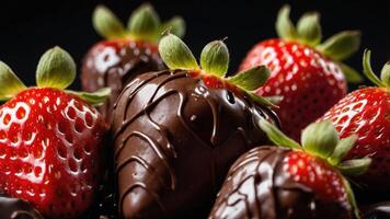 A close-up of fresh strawberries, some dipped in chocolate, creating a tempting dessert display. photo