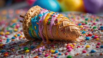 A colorful ice cream cone topped with vibrant sauces and sprinkles on a decorative surface. photo