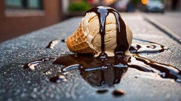 A spilled ice cream cone with chocolate syrup on a surface, showcasing a moment of indulgence. photo
