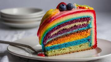 A vibrant slice of rainbow cake showcasing colorful layers and topped with berries. photo