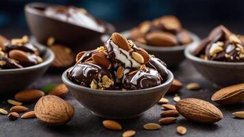 A close-up of chocolate-covered snacks topped with almonds in decorative bowls. photo