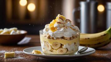 A delicious banana pudding dessert layered with whipped cream, bananas, and cookies. photo