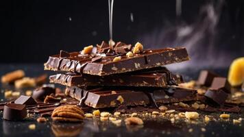 A stack of chocolate bars drizzled with syrup, surrounded by nuts and chocolate pieces. photo