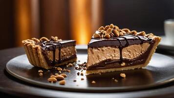 A slice of chocolate pie with a creamy filling and nuts, presented on a dark plate. photo