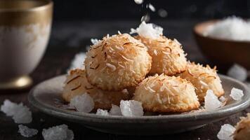 A plate of coconut macaroons garnished with shredded coconut and sugar crystals. photo