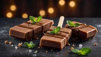 Three chocolate popsicles garnished with mint on a dark surface, evoking a delicious treat. photo