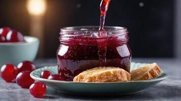 A jar of grape jelly being poured onto a plate with slices of bread and fresh grapes. photo