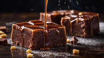 Delicious chocolate fudge squares drizzled with caramel on a dark surface. photo