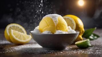A bowl of lemon sorbet garnished with sugar, surrounded by fresh lemons and a soft background. photo
